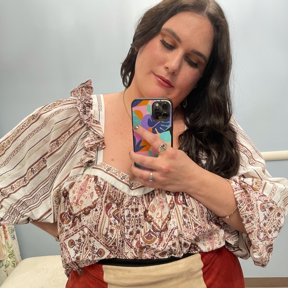 Cato Tops - Plus Size Ruched Puff Ruffle Sleeve Boho Floral Paisley Blouse Top